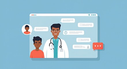 Empowering virtual patient consultations with a caring doctor and clear communication bubbles for modern healthcare.