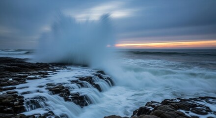 Powerful ocean wave crashes onto rocky shore during a dramatic sunset with long exposure effect
