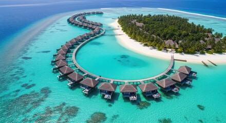 Fototapeta premium Aerial view of a luxury tropical island resort with overwater bungalows arranged in a crescent shape