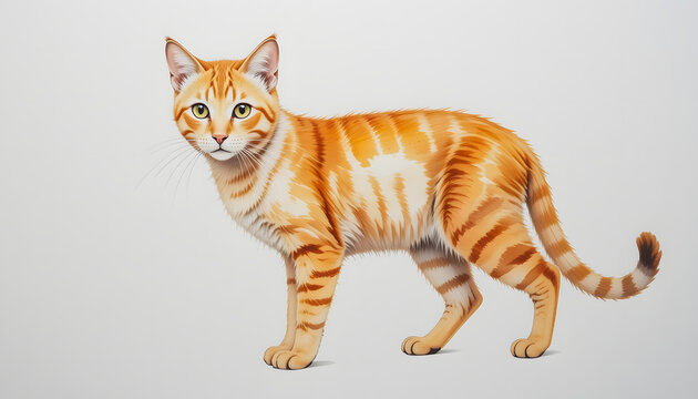 A sweet African golden cat is beautifully rendered in a vibrant watercolor style with pastel colors, against a clean white background with colorful splashes.