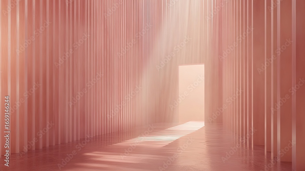 Poster serene pink corridor: abstract architectural rendering with reflective floor and light beams
