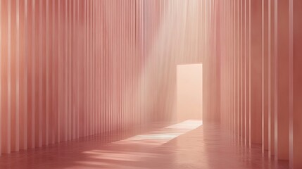 Serene Pink Corridor: Abstract Architectural Rendering with Reflective Floor and Light Beams