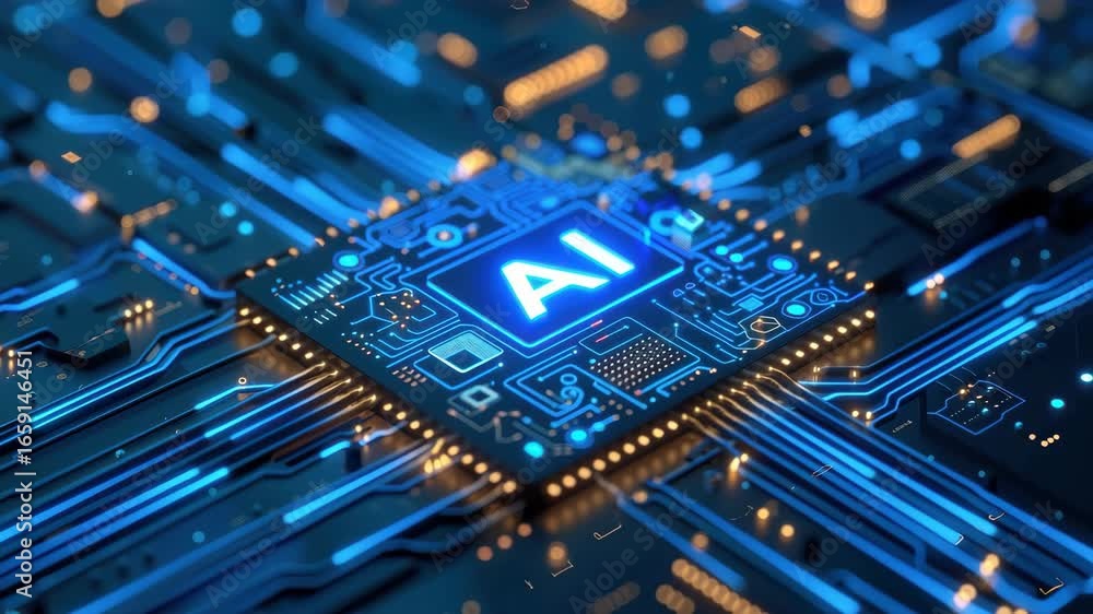 Poster futuristic video concept of ai technology. close-up, top-down angle on a glowing microchip, surround