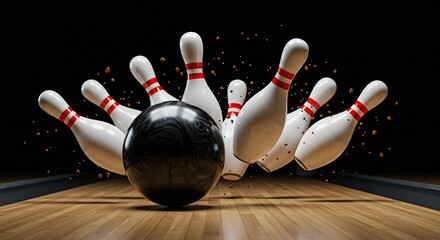 Experience the exhilarating moment of a perfect strike as a bowling ball shatters pins in a dynamic cascade of action and excitement on a polished wooden lane