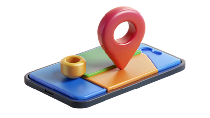 3D Red Location Pin on Smartphone with Colorful Map Layers on Black Background navigation