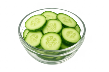 Glass bowl overflowing with fresh cucumber slices on transparent background