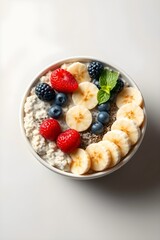 A stunning and vibrant cinematic photo of a Vegan breakfast bowl filled with creamy oatmeal, mixed berries, chia seeds, and sliced bananas, brightly and colorfully presented