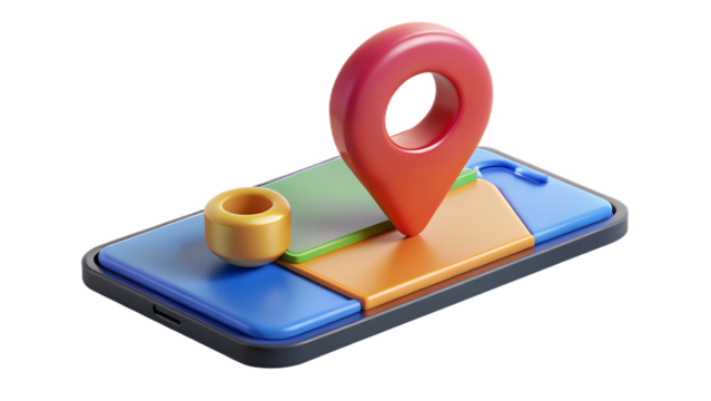3D Red Location Pin on Smartphone with Colorful Map Layers on Black Background navigation