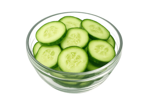 Glass bowl overflowing with fresh cucumber slices on transparent background