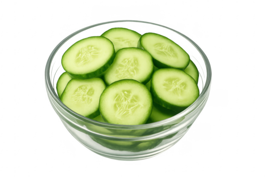Glass bowl overflowing with fresh cucumber slices on transparent background