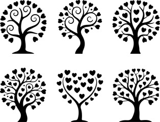 a set of six minimalist black silhouette tree illustrations on a pure white background