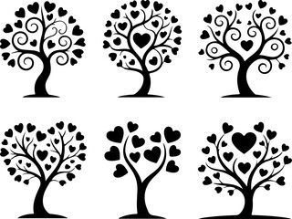 a set of six minimalist black silhouette tree illustrations on a pure white background