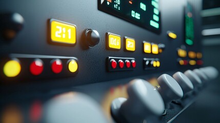 Industrial control panel in gas facility, buttons, levers and digital displays, realistic detail