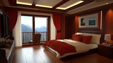 Luxurious mountain bedroom with balcony views