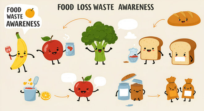 Educational vector illustration set about food loss and waste awareness, featuring cute cartoon produce characters from fresh to organic garbage. - Powered by Adobe