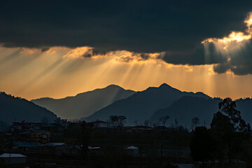 Sunset Landscape with Mountains and Village near Abbottabad, Pakistan - April 2020
