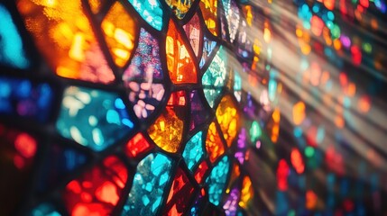Colorful stained glass window, sunlight rays, church interior, vibrant mosaic