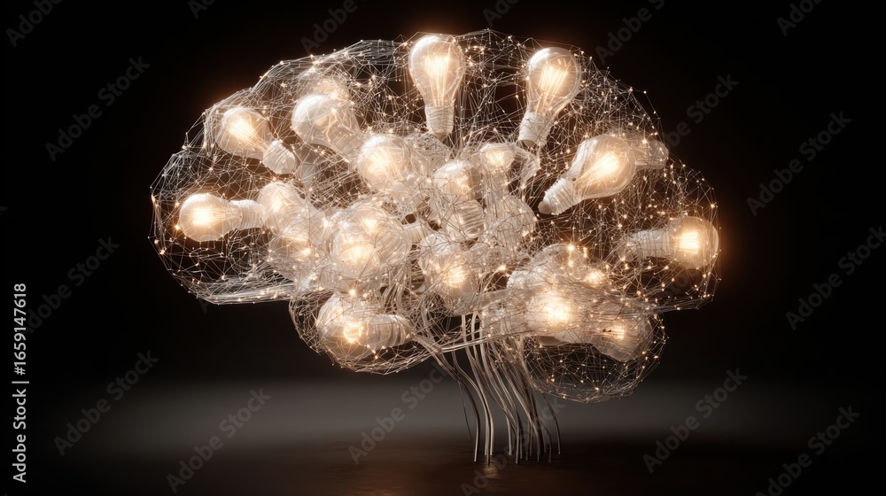 Poster illuminating insights: a conceptual artistic rendering of a human brain, aglow with radiant lightbul