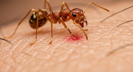 A close-up shows a red ant biting human skin, causing a small red bump. The ant's mandibles are open, as its legs grip the skin. Hairs are scattered around