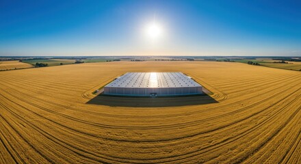 Aerial view shows a vast, rectangular warehouse nestled in a golden wheat field under a bright, sunny sky. The sun glares directly above