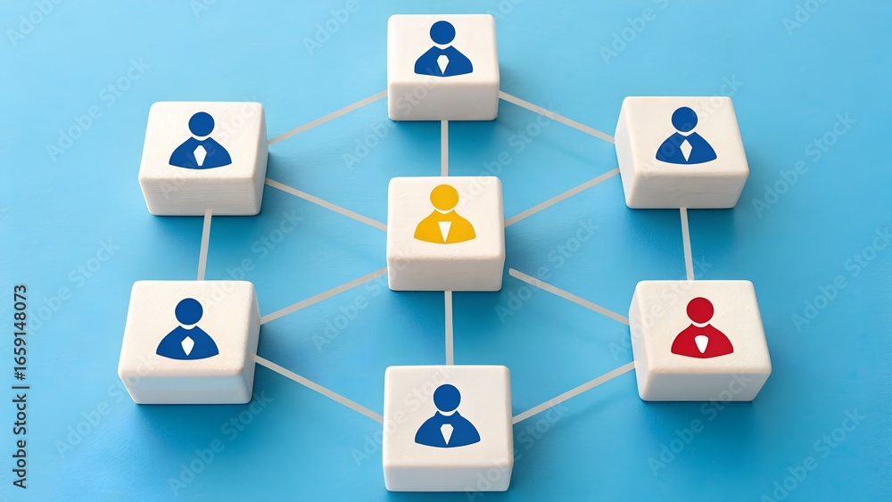 Poster network of square blocks with person icons in blue, red, and yellow connected by lines – team hierar