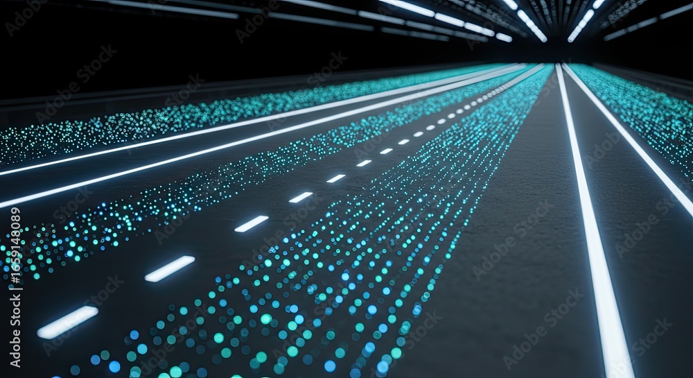 Poster futuristic digital highway with glowing blue particles creating a sense of speed and advanced techno