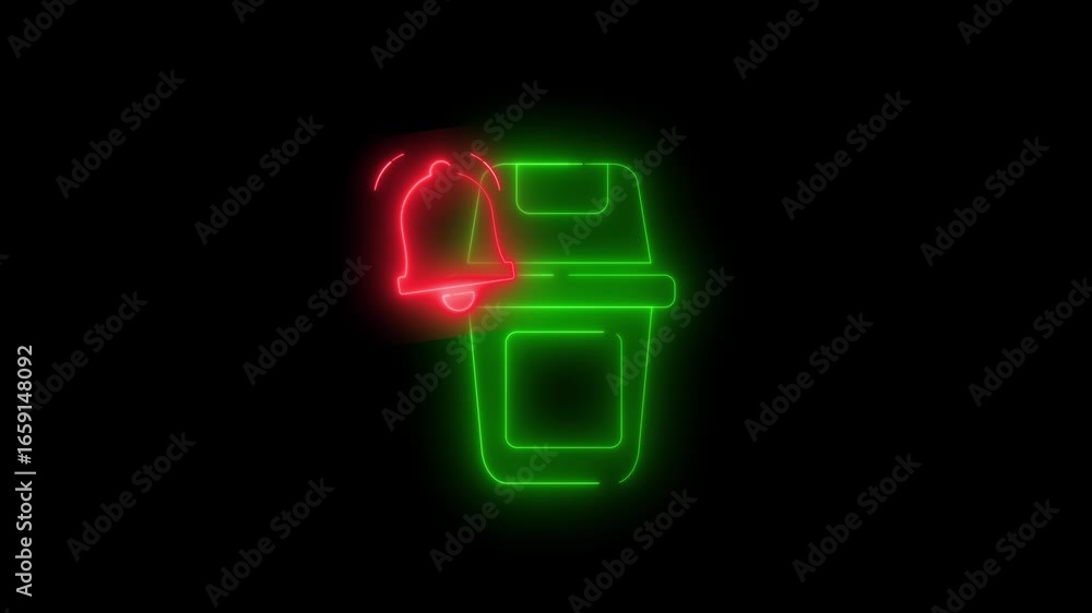 Poster neon light effect animation of a trash can icon and a notification bell on a black background