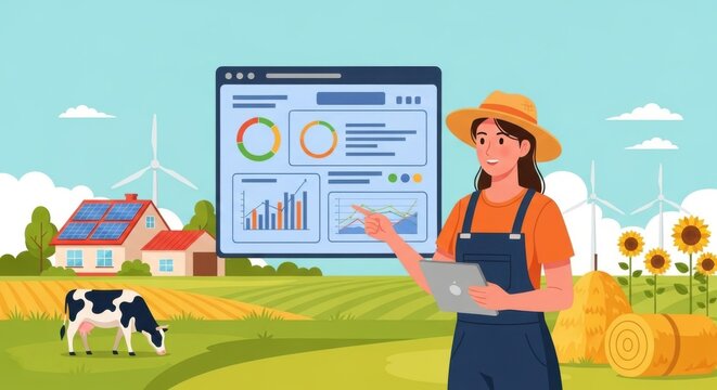 A modern farmer uses a tablet to analyze agricultural data on a tablet in a field with a cow solar panels and wind turbines