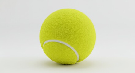 Vibrant neon yellow tennis ball poised for action against a clean, bright white background, capturing the essence of athletic pursuit and competitive spirit.