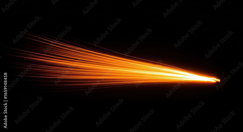 Poster dynamic streaks of vibrant orange light burst across a stark black background creating an energetic 