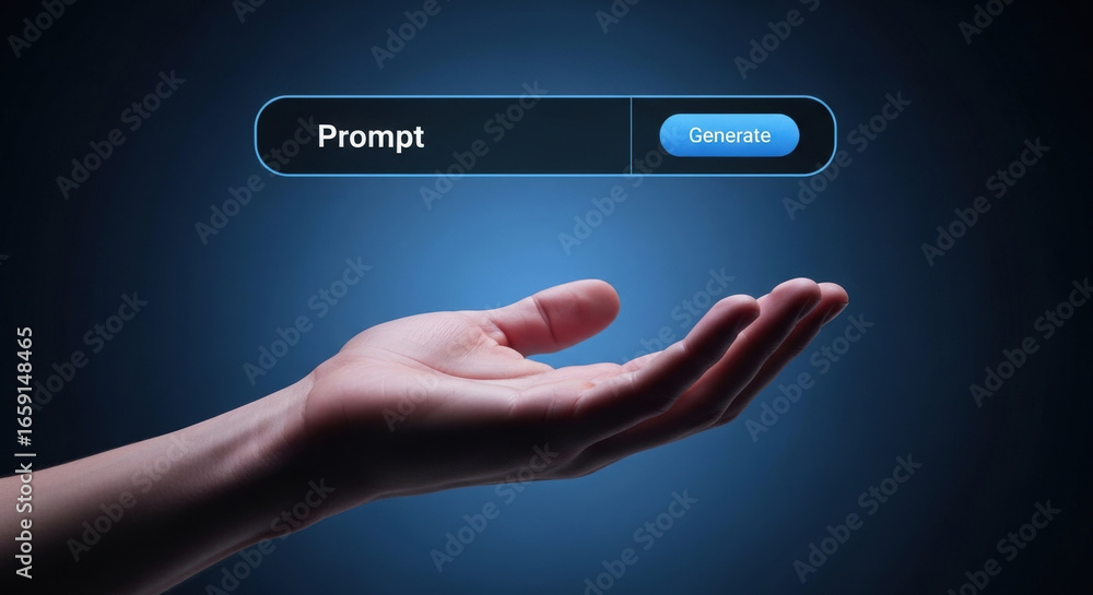 Fototapete hand holding virtual interface with prompt and generate button on blue background. concept of artifi