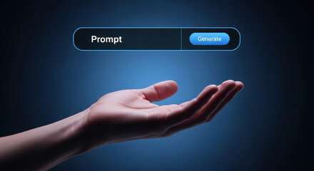 Fototapeta premium Hand holding virtual interface with prompt and generate button on blue background. Concept of artificial intelligence, text generation and digital innovation 