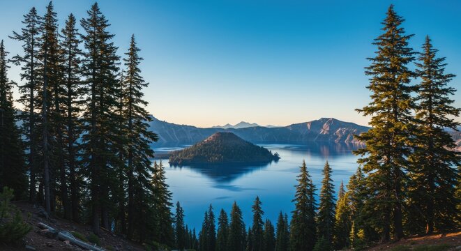 Panoramic view of a deep blue lake surrounded by steep cliffs, a small island, and tall, green pine trees under a clear blue sky - Powered by Adobe