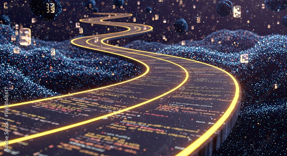 Poster navigate the digital highway of code and data through a luminous, futuristic landscape filled with g