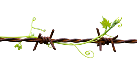 Resilient nature thrives overcoming obstacles, vibrant new growth entwines weathered rusted barbed wire