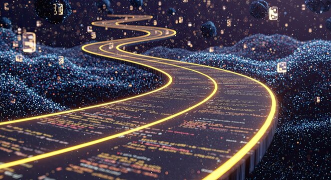 Navigate the digital highway of code and data through a luminous, futuristic landscape filled with glowing information and abstract shapes