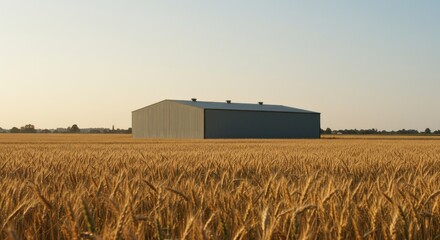 Rectangular metal building sits in golden wheat field under a clear, pale sky