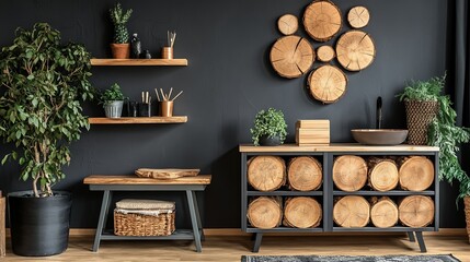 Dark room with wooden accents, shelves, and plants
