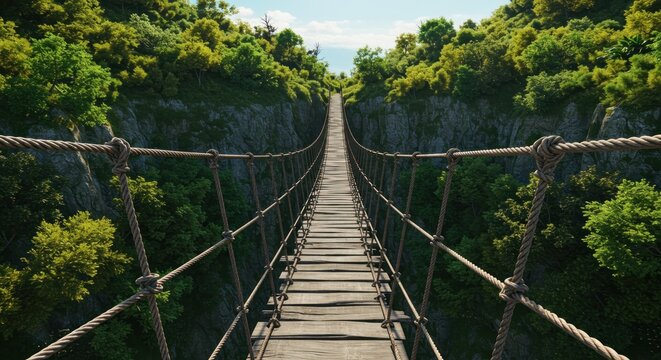 A suspension bridge stretches across a deep gorge, connecting two cliffs covered in lush green trees. The sky is blue, with sunlight bathing the scene