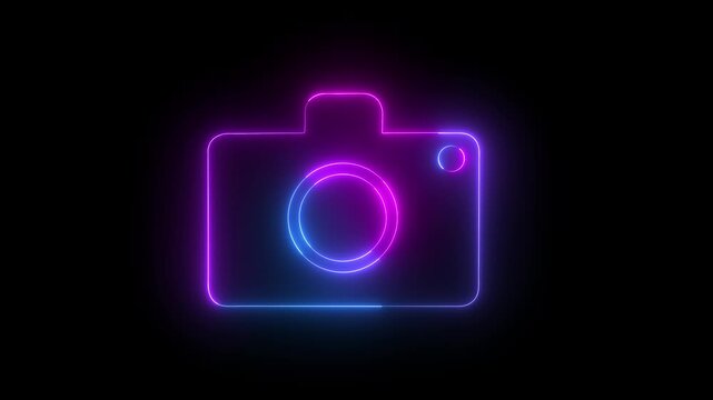 Glowing neon camera icon animation. Social media video camera icon for app. Neon camera frame pictogram photograph animated on black background. 