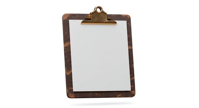 A dark-brown clipboard with a gold clasp holds a blank white sheet of paper, slightly angled against a stark white background, casting a subtle shadow