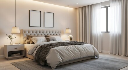 A well-lit, modern bedroom features a large bed with a tufted headboard, bedside tables with lamps, framed art, and a window with curtains.