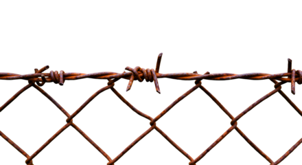 Rusty barbed wire and chain link fence detail, evoking themes of security, confinement, or ruggedness.