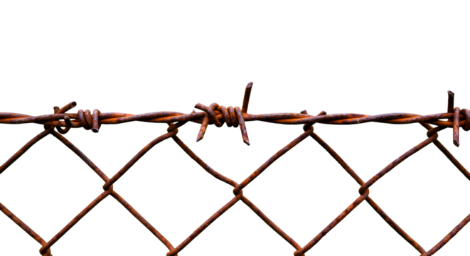 Rusty barbed wire and chain link fence detail, evoking themes of security, confinement, or ruggedness.