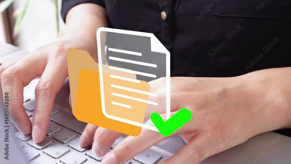 Poster file management. close-up of an executive woman typing on her laptop with an animation of a folder w
