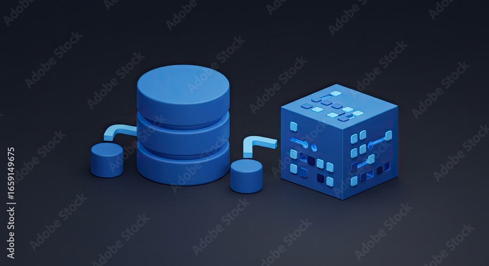 Poster dynamic data flow visualization with interconnected blue abstract shapes representing servers and ne