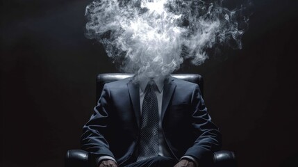 Inner Conflict: A man in a suit, his head replaced by ethereal smoke, sits in a leather chair, enveloped in an atmosphere of mystery.