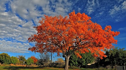 Obraz premium Autumn tree ablaze in vibrant orange-red hues against a partly cloudy sky