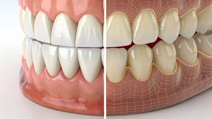 Realistic vs schematic view of teeth and gums &ndash; Dental anatomy comparison, oral health visualization, medical illustration, digital diagnostics, cosmetic dentistry, educational concept