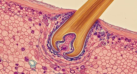Detailed microscopic view of a hair follicle embedded within skin layers showcasing vibrant cellular structures and connective tissue for scientific and educational use